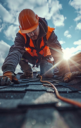 Couvreur qualifié sur toit : installation de bardeaux Couvreur avec casque orange et gilet de sécurité, fixant des bardeaux sombres sur un toit. Soleil éclatant et fils électriques visibles.