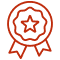Médaille rouge pixelisée de récompense avec étoile centrale et ruban, symbolisant la qualité, l'excellence ou la distinction.