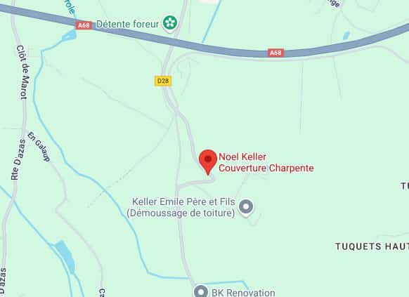 Carte Google Maps montrant Noel Keller Couverture Charpente et Keller Emile Père et Fils près des routes A68 et D28.