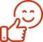 Visage souriant pixelisé et main avec pouce levé en signe d'approbation et de positivité, couleur rouge-brun sur fond noir.