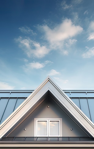 Toit moderne en métal gris & fenêtre de maison sous ciel bleu Gros plan sur un toit moderne en métal gris, un pignon avec une fenêtre double blanche sous un ciel bleu nuageux. Architecture résidentielle.