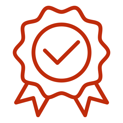 Badge rouge avec une coche stylisée à l'intérieur d'un cercle, symbolisant la qualité, l'approbation ou la vérification.