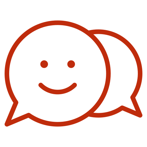 Deux bulles de dialogue rouges sur fond noir, l'une avec un smiley joyeux, symbolisant la conversation et le bonheur.